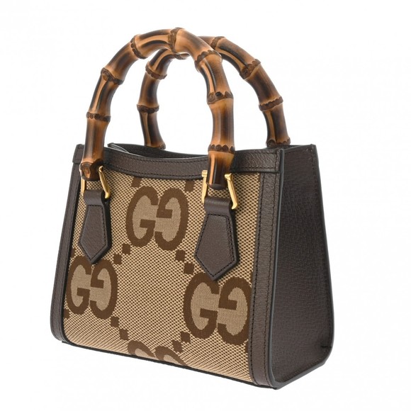 Gucci Tote Ebony Jumbo Bag Camel Brown Canvas GG Diana GG Mini - Picture 1 of 15